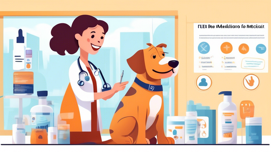 Create an image depicting a cheerful vet clinic scene with a friendly veterinarian presenting various types of flea medications to a happy dog owner. The medications can include different forms such a