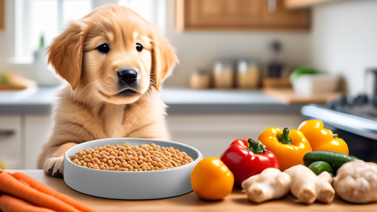 Create an image of an adorable golden retriever puppy happily eating from a bowl labeled NutriSource Puppy Food in a cozy, brightly lit kitchen. The background features a well-organized counter with h