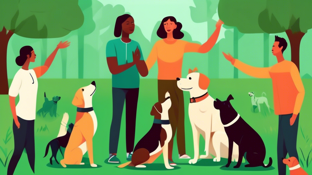 Create an illustration depicting a dog training session in a park. Capture a dog trainer using clear hand signals to communicate with an attentive dog. Show the trainer performing different gestures, 