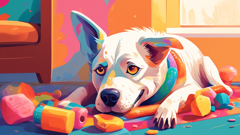 Create an image showcasing a happy dog chewing on a colorful, textured Nylabone in a cozy home setting. Surround the dog with signs of a healthy lifestyle, like a shiny coat, bright eyes, and toys, wi