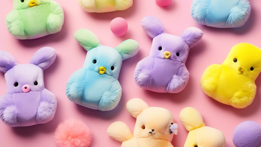 Create a vivid and playful illustration featuring a brightly-colored plush dog toy inspired by Peeps marshmallow candies. The plush dog toy should resemble a cute, soft, and fluffy Peeps bunny or chic
