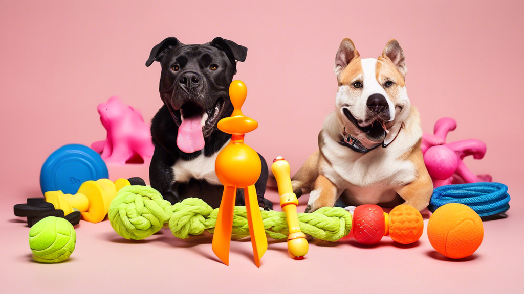 A selection of top dog toys designed for tough chewers, displayed against a bright and playful backdrop. The toys feature high-durability materials and engaging textures, including rubber bones, reinf