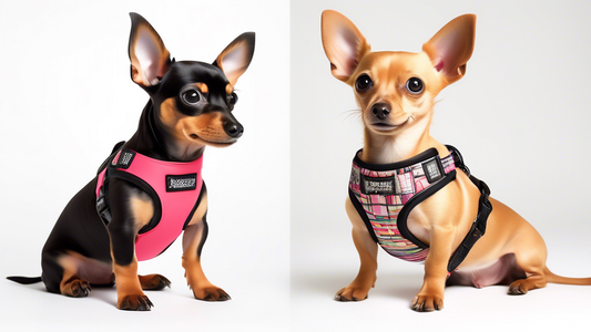 Create an image of a small dog, such as a Dachshund or a Chihuahua, happily wearing a stylish and comfortable step-in harness. The harness should be adjustable, well-padded, and come in a vibrant colo