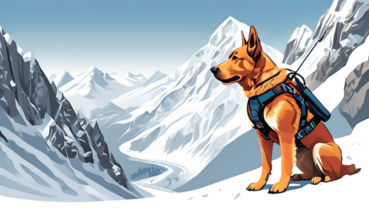 Create an illustration of a majestic snow-covered mountain backdrop, featuring a well-equipped avalanche rescue dog wearing a specialized harness. Make the dog appear alert and ready, with the harness
