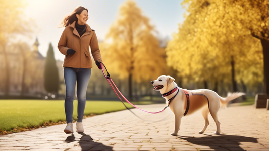 Create an image depicting a happy dog wearing an anti-pull lead, walking calmly beside its owner in a scenic park. The dog should look comfortable and attentive, with the owner holding the lead confid