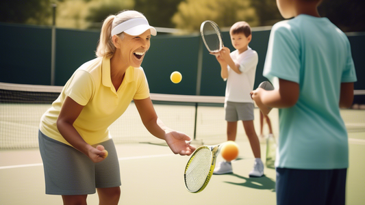 Create an image that features a tennis coach training a group of young players on a sunny outdoor tennis court. They are using small tennis balls instead of the standard size. Highlight the coach demo