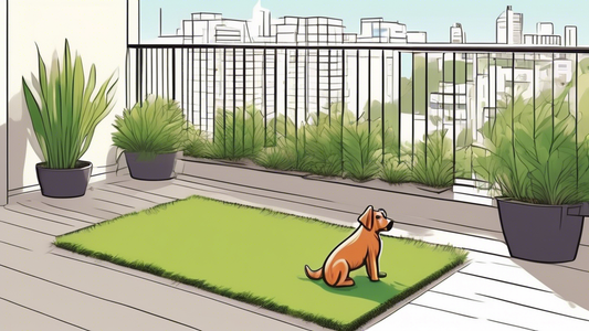 Create an image showing a modern apartment balcony with a stylish and functional dog potty area. The balcony should feature lush, green artificial grass, designated spots for dog waste, and some decor