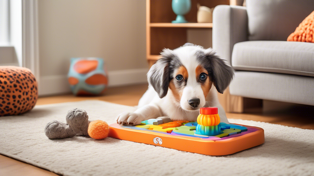 Create a vibrant and engaging image featuring a variety of brain-stimulating toys for dogs. Include an interactive puzzle feeder, a snuffle mat, and a toy that dispenses treats, showcasing a happy and