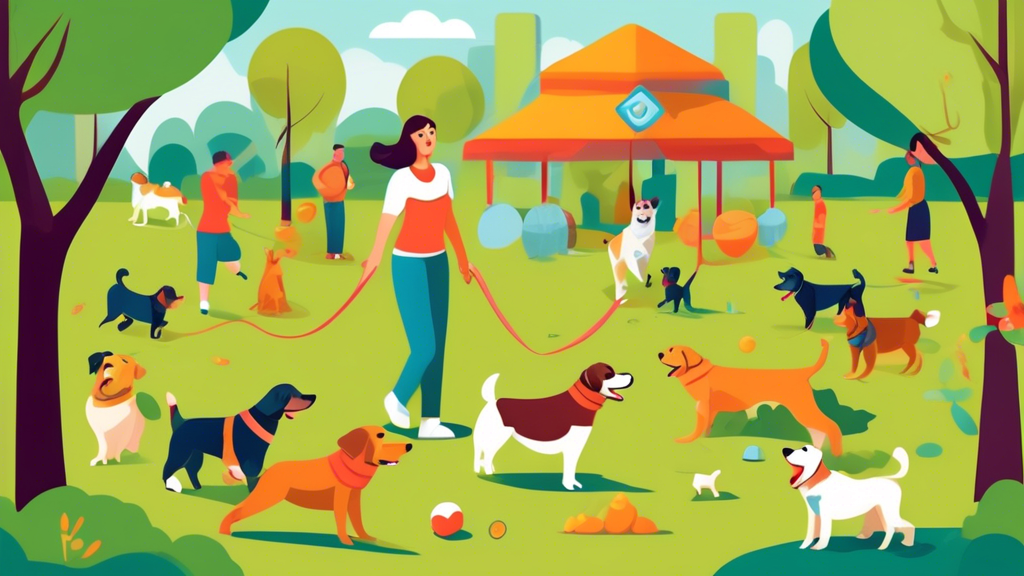 Create an image of a well-behaved, happy dog engaging in various training activities with a professional dog trainer in a park. Show different dogs performing tricks, following commands, and interacti