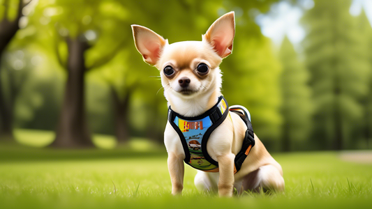Create an engaging and colorful image featuring a small dog, such as a Chihuahua, wearing a well-fitted Julius K9 Mini Mini harness. The dog should look comfortable and happy, standing on a grassy par