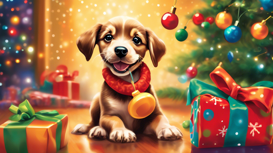 Create an image of a festive and cheerful scene featuring a playful puppy enjoying a reindeer-shaped dog toy. The background should have holiday decorations, such as twinkling Christmas lights, a deco