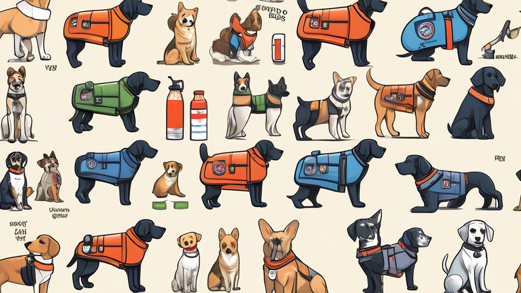 Create a detailed illustration of a small, well-groomed service dog wearing various types of service vests. The image should feature a variety of vest styles, colors, and fabrics, clearly showing how 