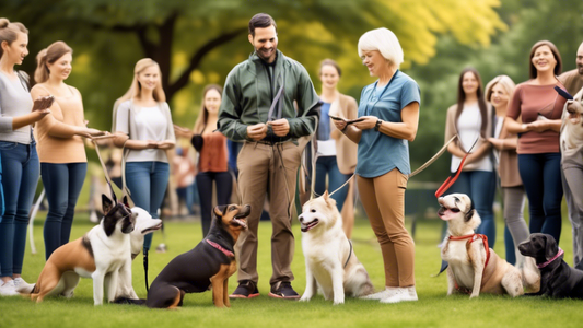 Create an image of a dog trainer in an outdoor park, demonstrating different types of long training leashes to an audience of dog owners with their dogs. The trainer is holding a retractable leash, a 