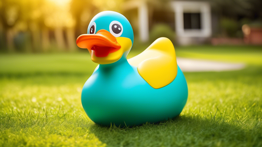Create an image of a vibrant, colorful dog toy shaped like a giant rubber duck. The toy should be oversized and cartoonish with exaggerated features like big eyes and a wide smile. Show a playful dog 
