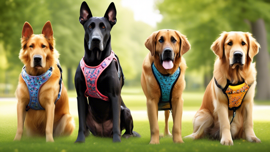 Create an image of a variety of large dog breeds, such as Great Danes, German Shepherds, and Golden Retrievers, modeling different high-quality harnesses in a park setting. The harnesses should be col