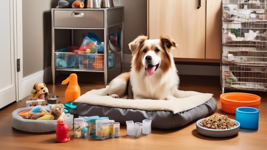 Create an image of a cozy room with a variety of essential dog items neatly arranged. Include a comfy dog bed, a set of stainless steel food and water bowls, a collection of various dog toys, grooming