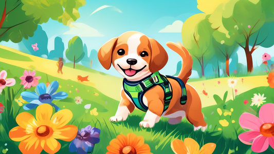 A cheerful puppy wearing a high-quality, colorful harness with an ergonomic and comfortable design, playing in a sunny park. Surrounding the puppy are a variety of other small dog breeds, each showcas