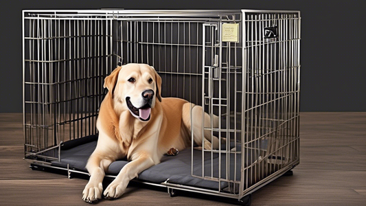 Prompt for DALL-E: Create a detailed image of a large, heavy-duty dog crate designed for extra-large dogs. The crate should have reinforced metal bars and secure latch mechanisms, with a spacious and 