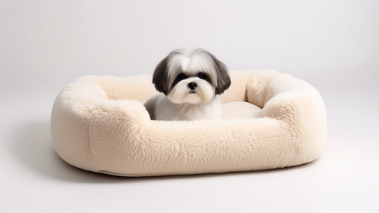 Create an image of a cozy, luxurious dog bed specifically designed for small breeds like teddy dogs. The bed should feature soft, plush fabric, supportive cushioning, and a stylish design that complem