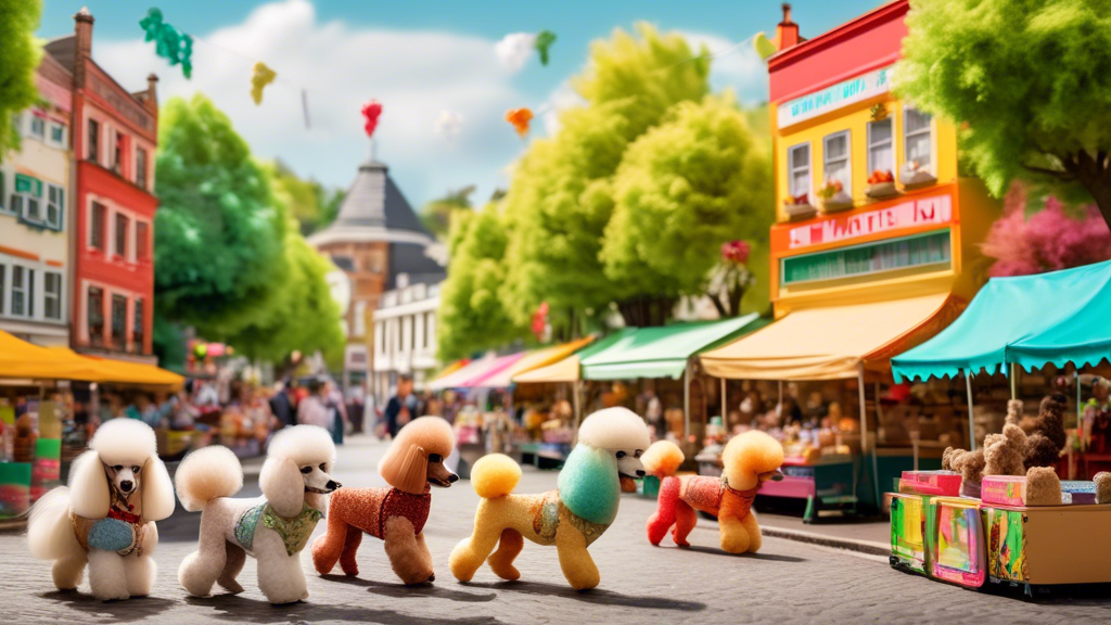 A charming street scene with several colorful market stalls, each showcasing playful and adorable miniature Poodles for sale. The poodles vary in coat colors and styles, sitting in comfortable, decora