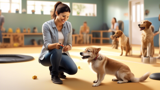 Photorealistic image of a professional dog trainer working with a happy, obedient dog in a well-equipped training facility. The dog is performing a command, such as sitting or staying, while the train