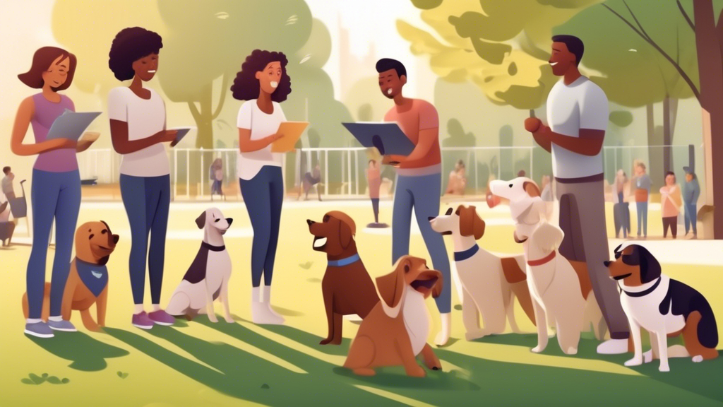 Create an image of a friendly dog training class set in a picturesque park. The scene includes a diverse group of dog owners happily engaging in training exercises with their well-behaved dogs. The do