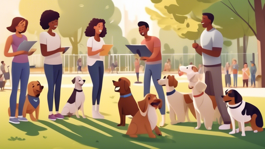 Create an image of a friendly dog training class set in a picturesque park. The scene includes a diverse group of dog owners happily engaging in training exercises with their well-behaved dogs. The do