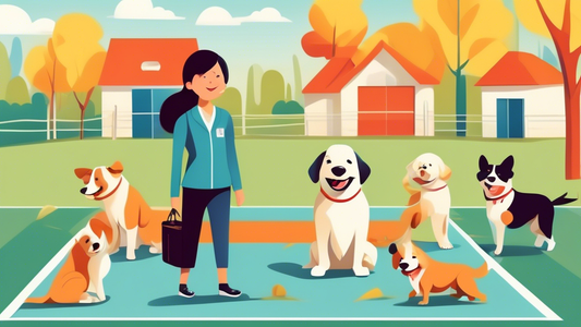 Create an image of a happy and well-trained dog with a backdrop of a professional training facility. The scene should show trainers working with different dogs on various tasks, such as agility exerci