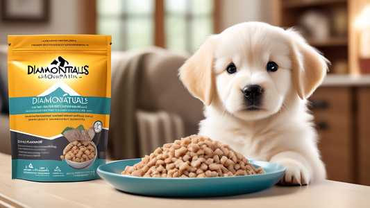 Create a detailed image of a cute, large breed puppy happily eating from a bowl labeled 'Diamond Naturals' in a cozy home setting. Include a bag of Diamond Naturals Large Breed Puppy Food prominently 