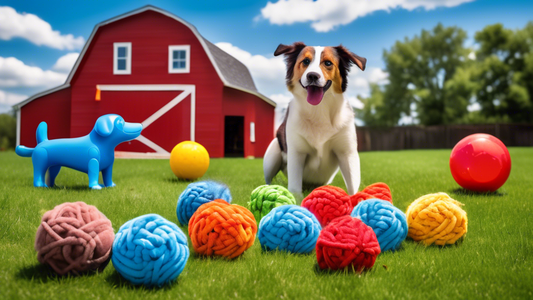 A photograph of a variety of vibrant, indestructible dog toys scattered across a grassy backyard. The toys include durable rubber balls, heavy-duty ropes, and reinforced plush animals, with a backgrou