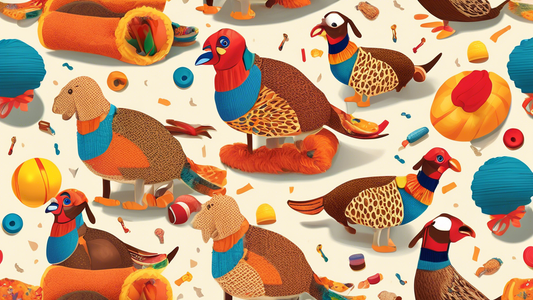 A vibrant and cheerful scene featuring a variety of pheasant-themed dog toys arranged in a playful setting. Include plush pheasant toys, squeaky pheasant toys, and durable chew toys with pheasant desi