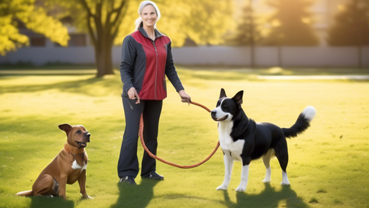 Create an image of a professional dog trainer in an outdoor setting, working with a well-behaved dog. The trainer should have a friendly and focused demeanor, using hand signals and treats to instruct