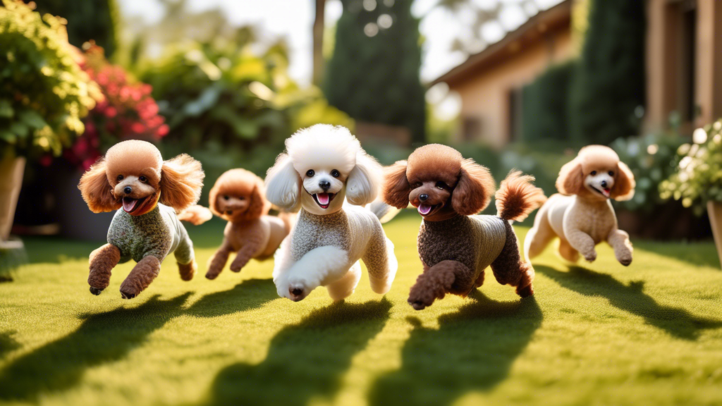 A heartwarming scene featuring miniature poodles of various colors playing together in a lush, sunlit garden. The poodles are engaging in playful activities, with some jumping, others rolling on the g