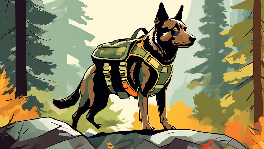 Create an image of a medium-sized, adventurous dog wearing a tactical harness equipped with various pouches. The setting is an outdoor environment, like a forest or a mountain trail, symbolizing prepa