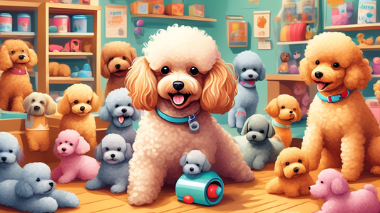 An adorable toy poodle surrounded by playful puppies in a local pet shop setting. The shop has cozy interiors with colorful pet supplies, neatly arranged toys, and a friendly atmosphere. The sign outs