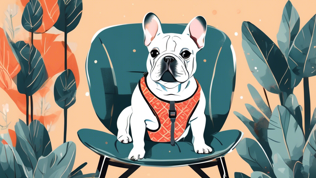 A charming French Bulldog sitting comfortably outdoors, wearing a stylish, well-fitted harness in a trendy color. Surround the scene with various other harness designs hanging neatly on hooks, each sh