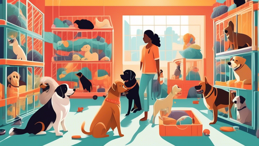 A heartwarming image of a friendly, diverse group of dogs of various breeds and sizes comfortably resting in stylish, size-appropriate dog crates and kennels, each with cozy bedding and favorite toys,