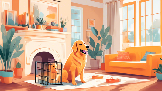 An illustration of a variety of large dog crates in a cozy living room setting, with a happy Golden Retriever trying out different crates, each labeled with specifications and features, in a brightly 