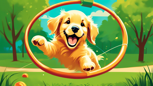 A cheerful golden retriever puppy performing a series of tricks in a sunny park, including shaking paws, playing dead, balancing a treat on its nose, and jumping through a hoop. The background feature