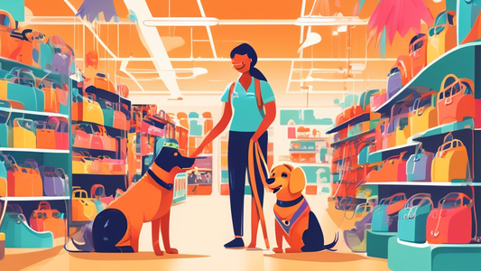 Create an image of a cheerful pet store aisle filled with colorful dog harnesses. Friendly store staff assisting a happy customer who is trying a harness on their dog. The scene should be inviting and