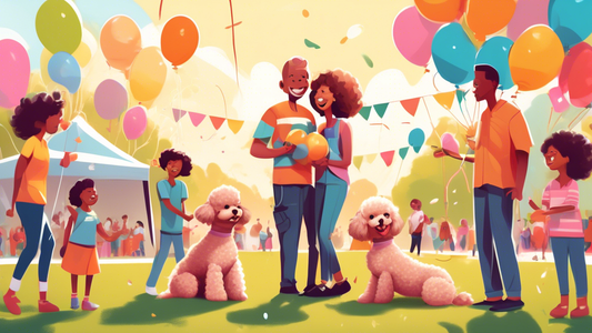 A heartwarming scene featuring a family excitedly discovering a cute toy poodle at a local pet adoption event. The poodle is small, fluffy, and energetic, surrounded by balloons and banners that say '