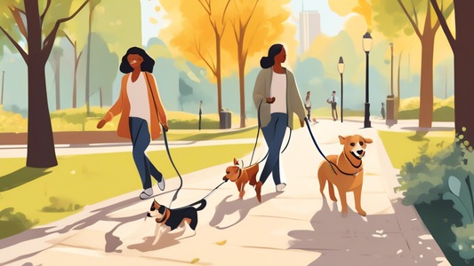 Create an illustration of two happy, energetic dogs being walked by a person using a dual retractable dog leash. The scene is set in a beautiful park during a sunny day. The retractable leashes, attac