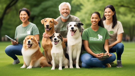 Create an image of a diverse group of dogs in a lush, green park setting, engaging in various training activities such as sitting, staying, and fetching. Include a professional dog trainer, wearing an