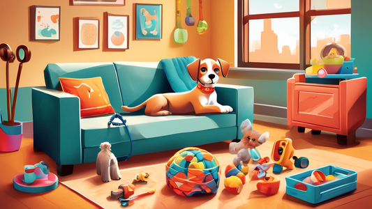 A cozy living room setting featuring essential supplies for a new puppy: a comfortable dog bed, a variety of colorful toys, a food and water bowl filled, grooming tools, a collar and leash, training p