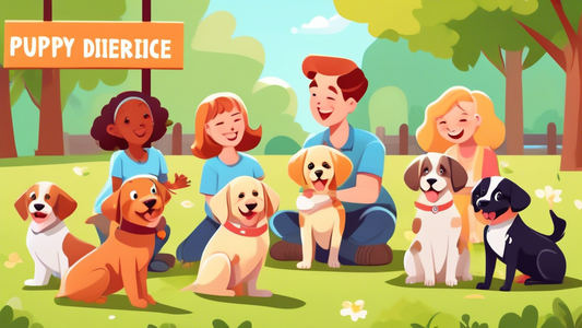 A heartwarming scene of a puppy obedience training class in a sunny park, with an instructor guiding a group of cheerful puppies and their owners. The puppies are all different breeds and sizes, each 