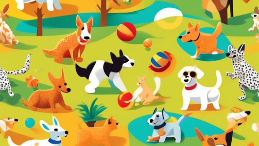An illustration of various Australian dog toys scattered in a vibrant park setting, featuring a kangaroo-shaped tug toy, a boomerang, and a bouncing ball, with energetic puppies of diverse breeds play