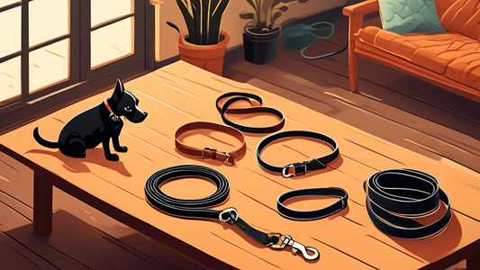 A detailed illustration of a variety of black dog leashes displayed on a wooden table, each showcasing different styles such as leather, nylon, and retractable, alongside a friendly, well-groomed blac