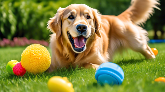 A playful golden retriever joyfully interacts with vibrant and durable Tufflove dog toys in a colorful backyard setting. The toys show no signs of wear, highlighting their toughness, and the dog looks
