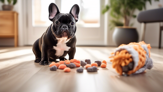 Create an image of a French Bulldog in a cozy home setting, attentively following training commands from a cheerful owner. The owner is holding a treat and using positive reinforcement techniques, wit