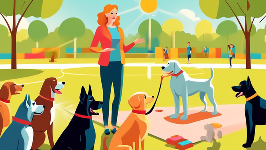 A professional dog trainer in a sunny park, demonstrating a sit command to a diverse group of attentive dogs, including a Labrador, a poodle, and a German shepherd, with training treats in hand and an